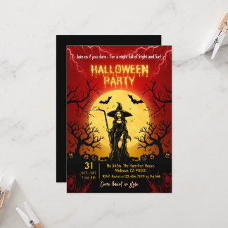 Invitation Fête d'Halloween Sorcière Gothique Pleine Lune Cha