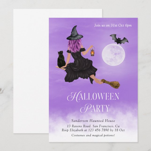 Invitation Fête d'Halloween sorcière magique (Devant / Derrière)