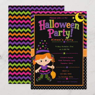 Invitation Fête d'Halloween sorcière pour filles