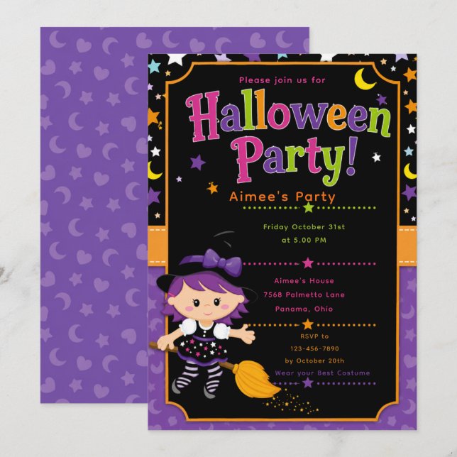 Invitation Fête d'Halloween sorcière pour filles (Devant / Derrière)