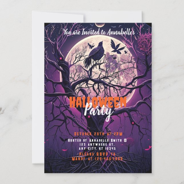 Invitation Fête d'Halloween sous la pleine lune et l'arbre ef (Devant)