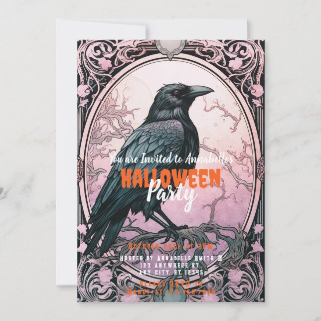 Invitation Fête d'Halloween sous un ciel rose avec un oiseau  (Devant)