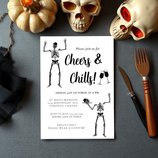 Invitation Fête d'Halloween squelette drôle noir et blanc (Créateur téléchargé)