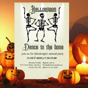 Invitation Fête d'Halloween squelette noir dansant drôle