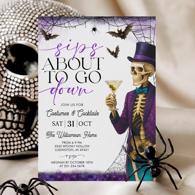 Invitation Fête d'Halloween squelette Sips About to Go Down (Sips About to Go Down Skeleton Halloween Party Invitation)