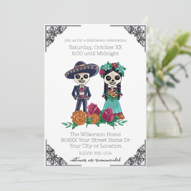 Invitation Fête d'Halloween Squelettes Jour des Morts (Debout devant)
