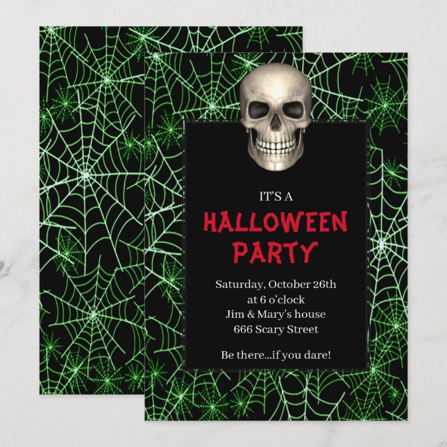 Invitation Fête d'Halloween Toile d'Araignée Verte Crâne Goth (Devant / Derrière)
