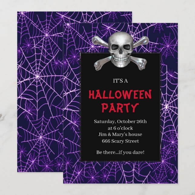 Invitation Fête d'Halloween Toile d'Araignée Violette Crâne e (Devant / Derrière)