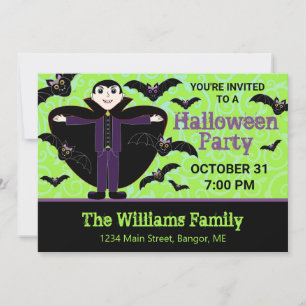 Invitation Fête d'Halloween Vampire Mignon avec Chauves-souri