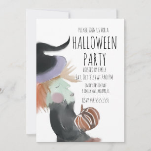 Invitation Fête d'Halloween Vintage Aquarelle Sorcière Citrou