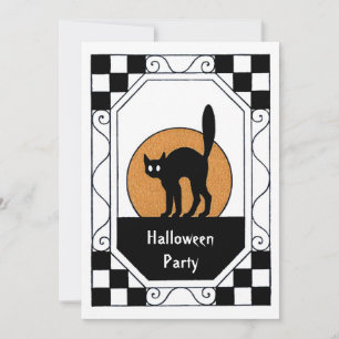 Invitation Fête d'Halloween Vintage Chat Noir Lune Orange