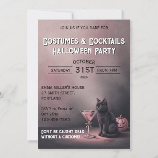 Invitation Fête d'Halloween Vintage Chat Noir & Pink Martini