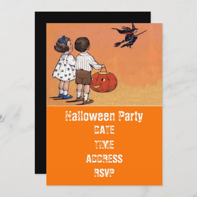 Invitation Fête d'Halloween vintages enfants avec sorcière (Devant / Derrière)