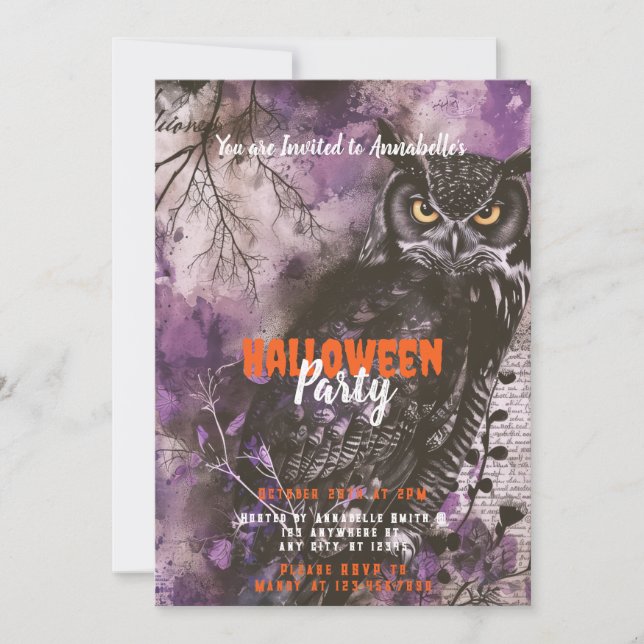 Invitation Fête d'Halloween violet de chouette chouette (Devant)
