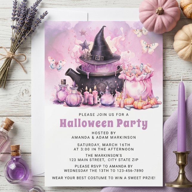 Invitation Fête d'Halloween Violet et Rose Pastel Aquarelle (Créateur téléchargé)