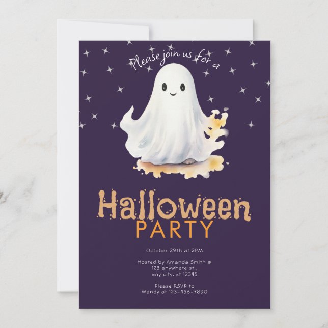 Invitation Fête d'Halloween violette avec un gentil fantôme e (Devant)
