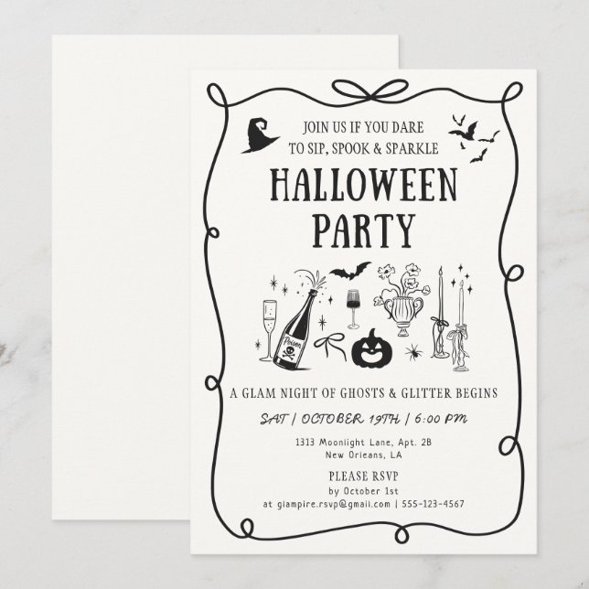 Invitation Fête d'Halloween Whimsical off-white Boos & Bows (Devant / Derrière)