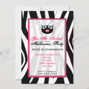 Invitation Fête d'Halloween Zebra Print et Rose Girl Spider