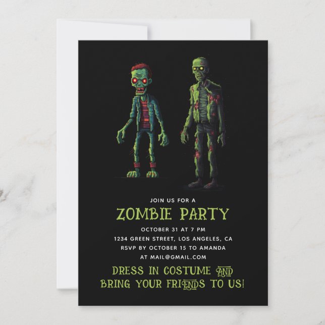 Invitation Fête d'Halloween Zombie. Funky Éffrayant vert & no (Devant)