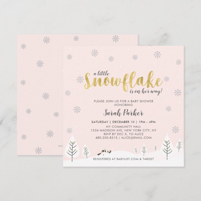 Invitation Fête d'hiver argent et or pour bébé fille (Devant / Derrière)