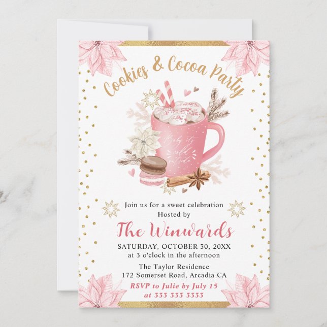 Invitation Fête d'hiver au chocolat chaud rose et aux biscuit (Devant)