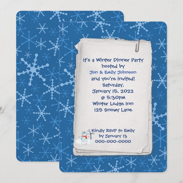Invitation fête d'hiver bleu flocon de neige motif (Devant / Derrière)