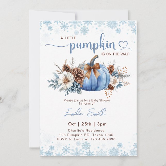 Invitation Fête d'hiver d'une petite citrouille florale Bleue (Devant)