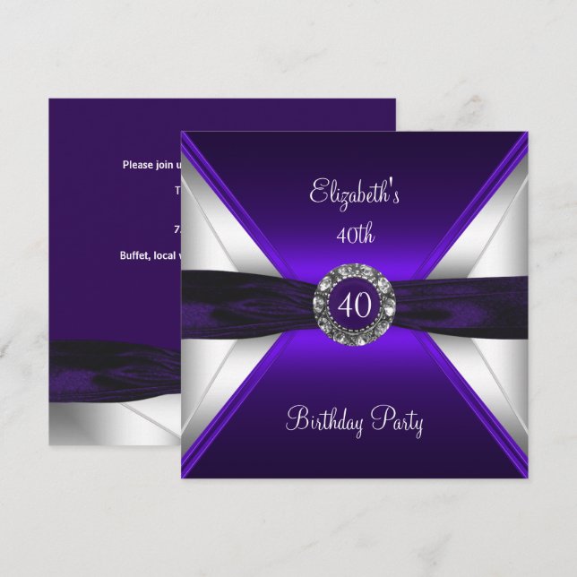 Invitation Fête diamant blanc argent 40e anniversaire violet (Devant / Derrière)