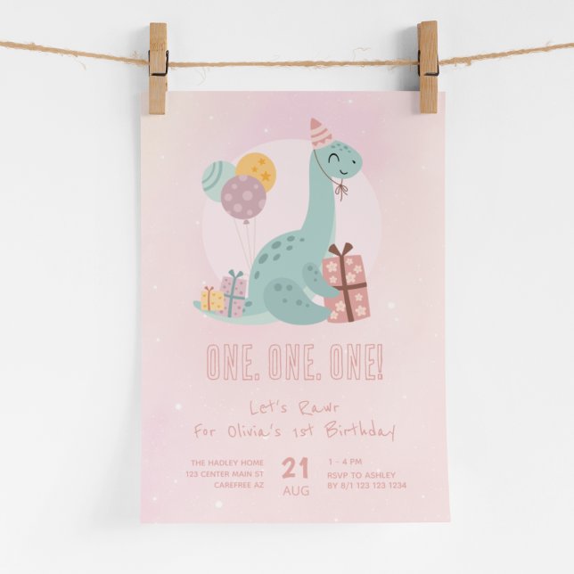 Invitation Fête Dino Rawr Rose 1er Anniversaire (Créateur téléchargé)