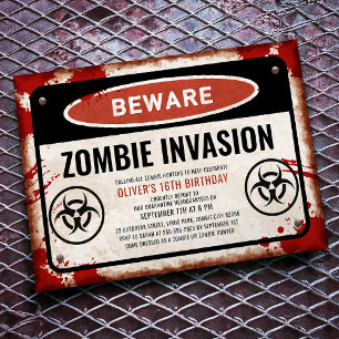 Invitation Fête d'invasion de zombies avec panneau de danger 