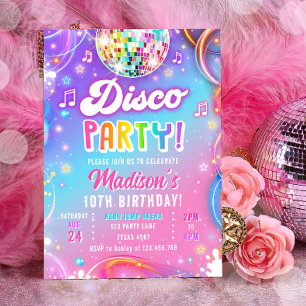 Invitation Fête disco néon Rétro Glow Anniversaire fille foll