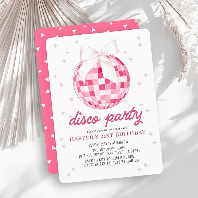 Invitation Fête Disco Rose Boule à Facettes Nœud 21e Annivers (Créateur téléchargé)