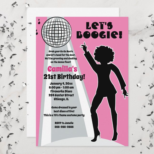 Invitation Fête disco rose pour l'anniversaire des femmes Boo (Disco Birthday Party Invitation in Pink and Silver)