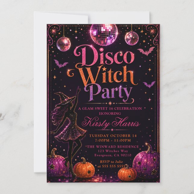Invitation Fête disco sorcière Sweet 16 (Devant)