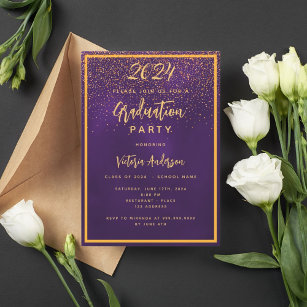 Invitation Fête d'obtention du diplôme confetti d'or violet