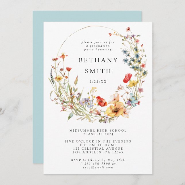 Invitation Fête d'obtention du diplôme de Fleur sauvage lunat (Devant / Derrière)