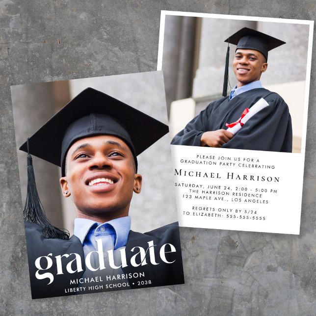 Invitation Fête d'obtention d'un diplôme de photographie mode (A personalized photo graduation party invitation to celebrate the graduate's achievements)