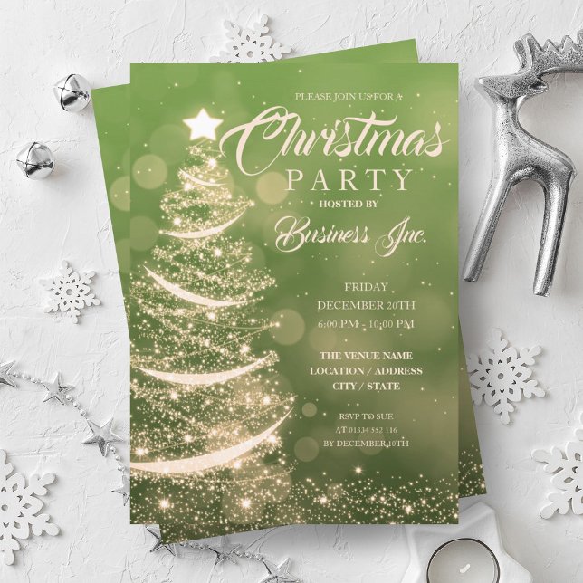 Invitation Fête d'or verte Sparkle de l'arbre de Noël (CORPORATE Christmas Tree Sparkle Green Gold Party Invitation)