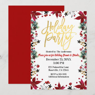 Invitation Fête dorée de Noël Poinsettia Floral Christmas