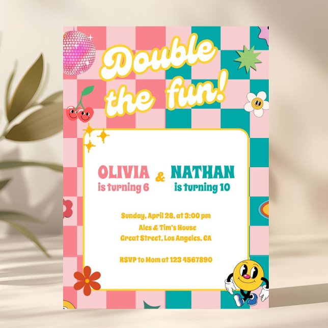 Invitation Fête double d'anniversaire Fun ensemble frères et  (double birthday partyjoint birthdaysiblings birthdayboy and girlboy and girl joint partyboy and girl)