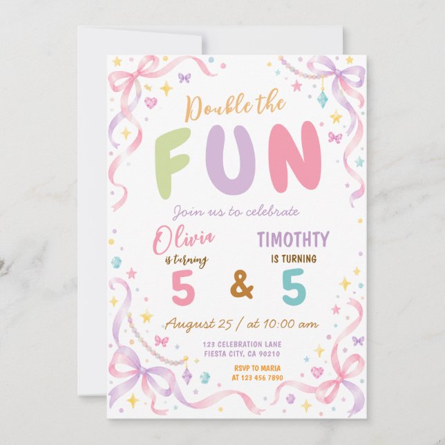 Invitation Fête double garçon fille anniversaire commun (Devant)
