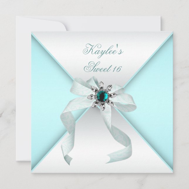 Invitation Fête douce 16 ans Bleu sarcelle Blanc (Devant)