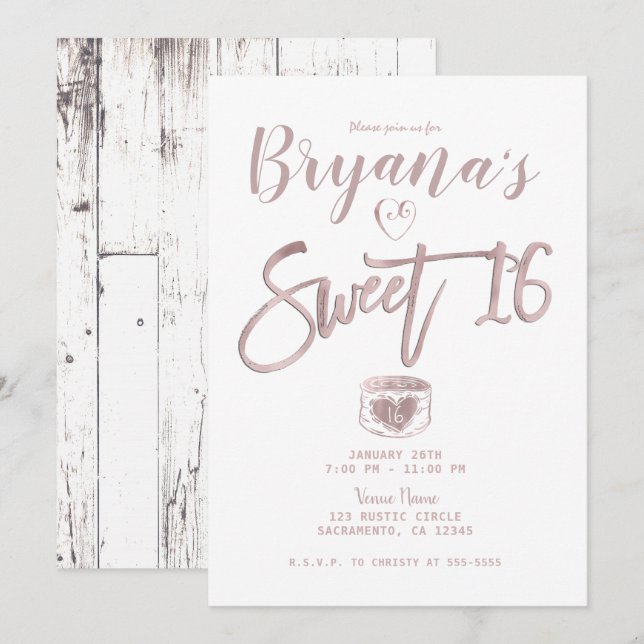 Invitation Fête Douce 16 Ans Bois Rustique Blanc Rose Gold Ro (Devant / Derrière)