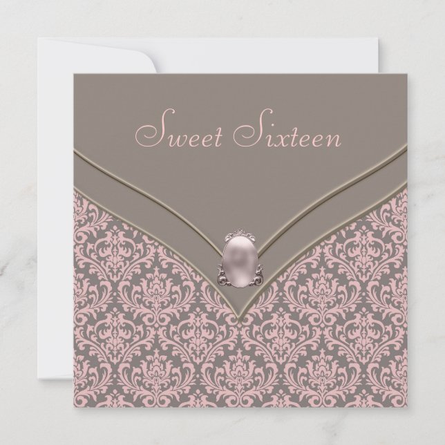 Invitation Fête douce 16 ans damas rose marron (Devant)