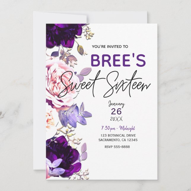 Invitation Fête douce 16 ans Fleur de lilas pourpre Rose rose (Devant)