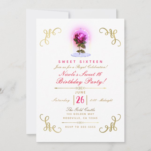 Invitation Fête douce 16 ans Fleur de rose rouge enchantée Or (Devant)