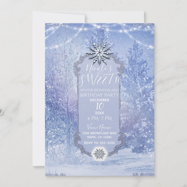 Invitation Fête Douce 16 Ans Forêt d'Hiver Pins Flocons de Ne (Devant)