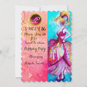 Invitation FÊTE DOUCE 16 ANS JEUNE FILLE, Monogramme à paille