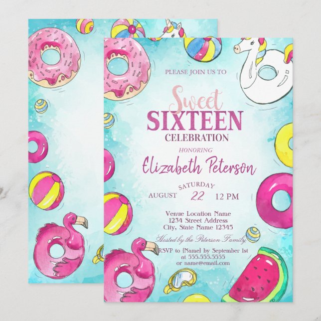 Invitation Fête Douce 16 ans Licorne Flamant Rose Piscine d'É (Devant / Derrière)
