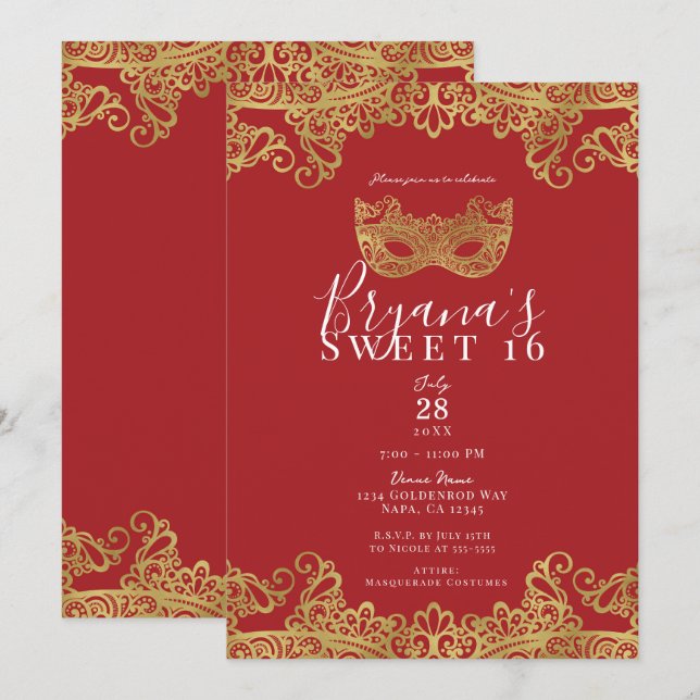 Invitation Fête Douce 16 Ans Mascarade Rouge et Or Dentelle F (Devant / Derrière)